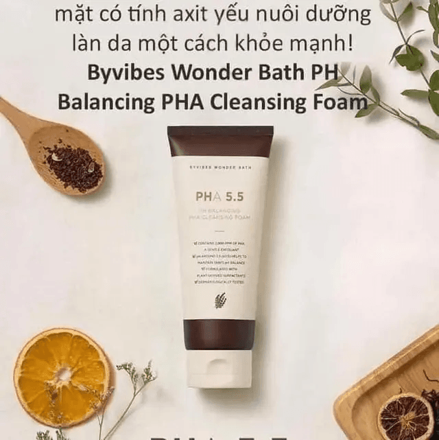 Sữa rửa mặt Byvibes Wonder Bath PHA 5.5 PH Balancing PHA Cleansing Foam dưỡng ẩm ngừa mụn cho da nhạy cảm 130ml