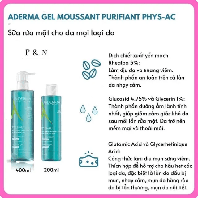 SỮA RỬA MẶT A-DERMA PHYS-AC GEL MOUSSANT PURIFIANT