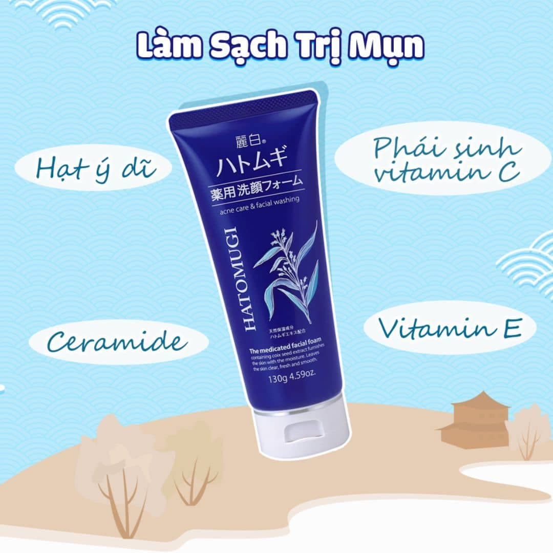 Sữa rửa mặt Hatomugi trị mụn dưỡng ẩm 130gr (xanh)
