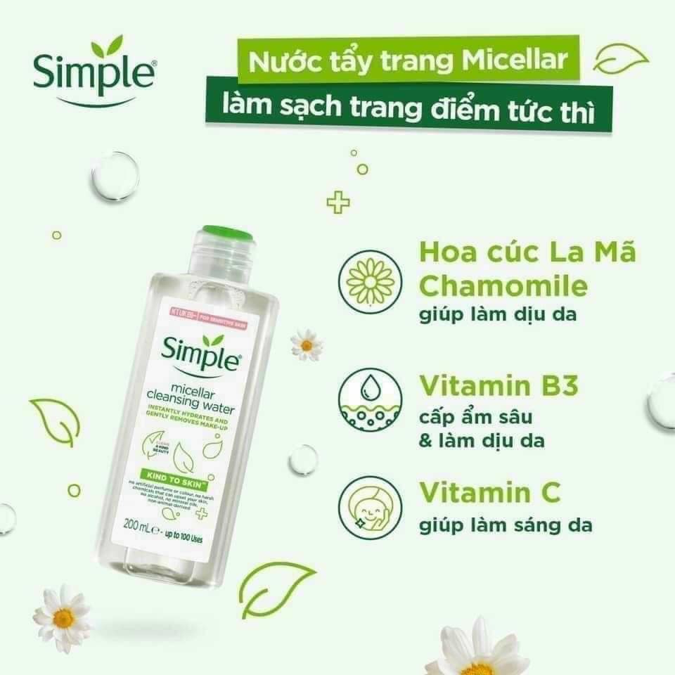 Nước Tẩy Trang Simple Làm Sạch Trang Điểm Vượt Trội 200ml - Kind To Skin Micellar Cleansing Water